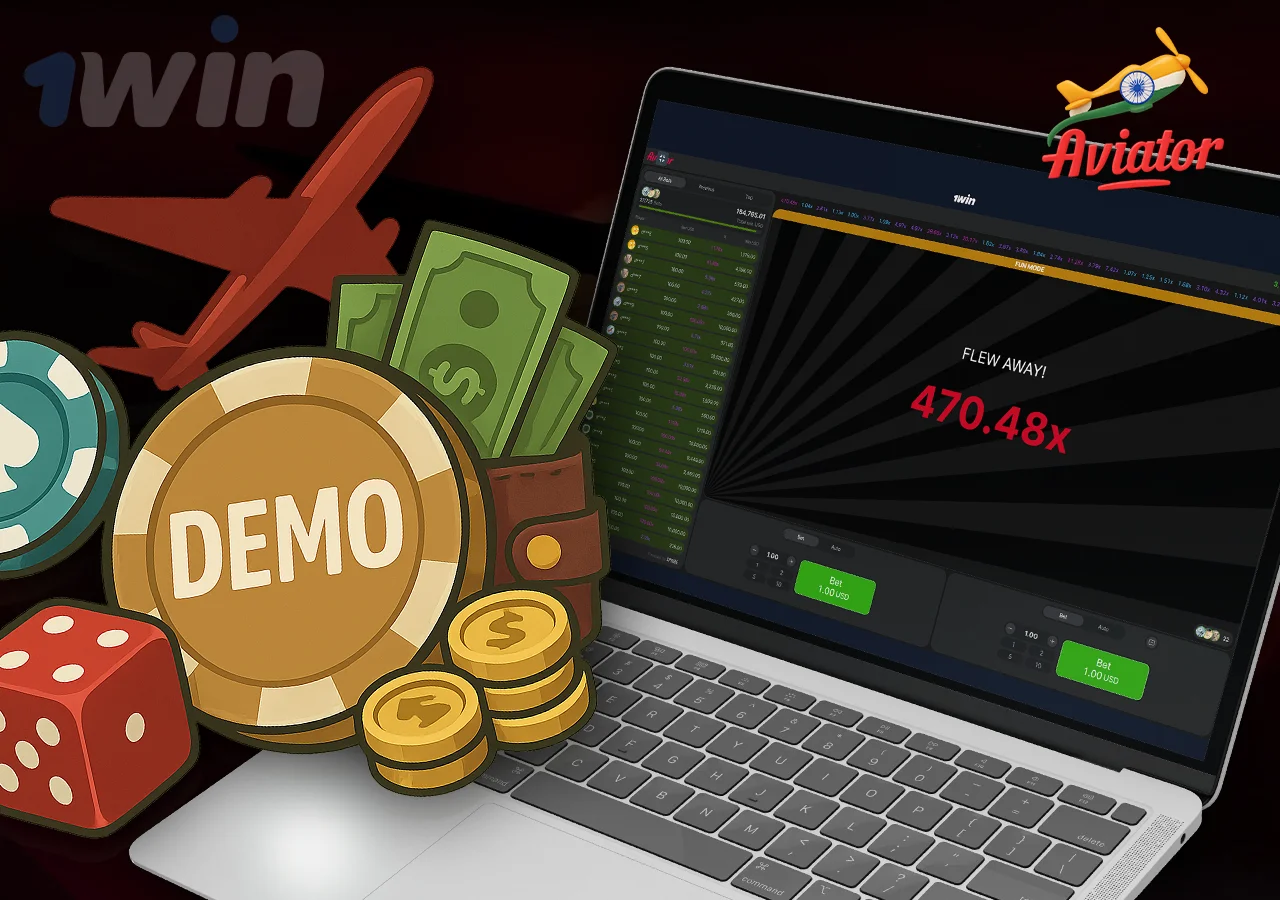 Aviator demo game page with casino and money symbols